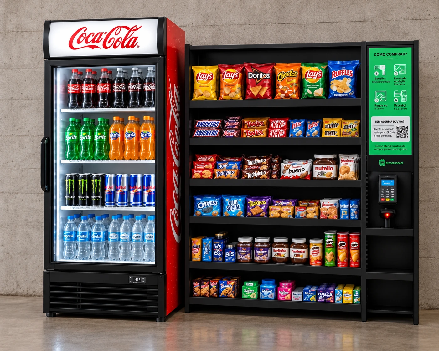 Mercado compacto em ambiente empresarial com geladeira, prateleiras abastecidas e terminal de pagamento por cartão