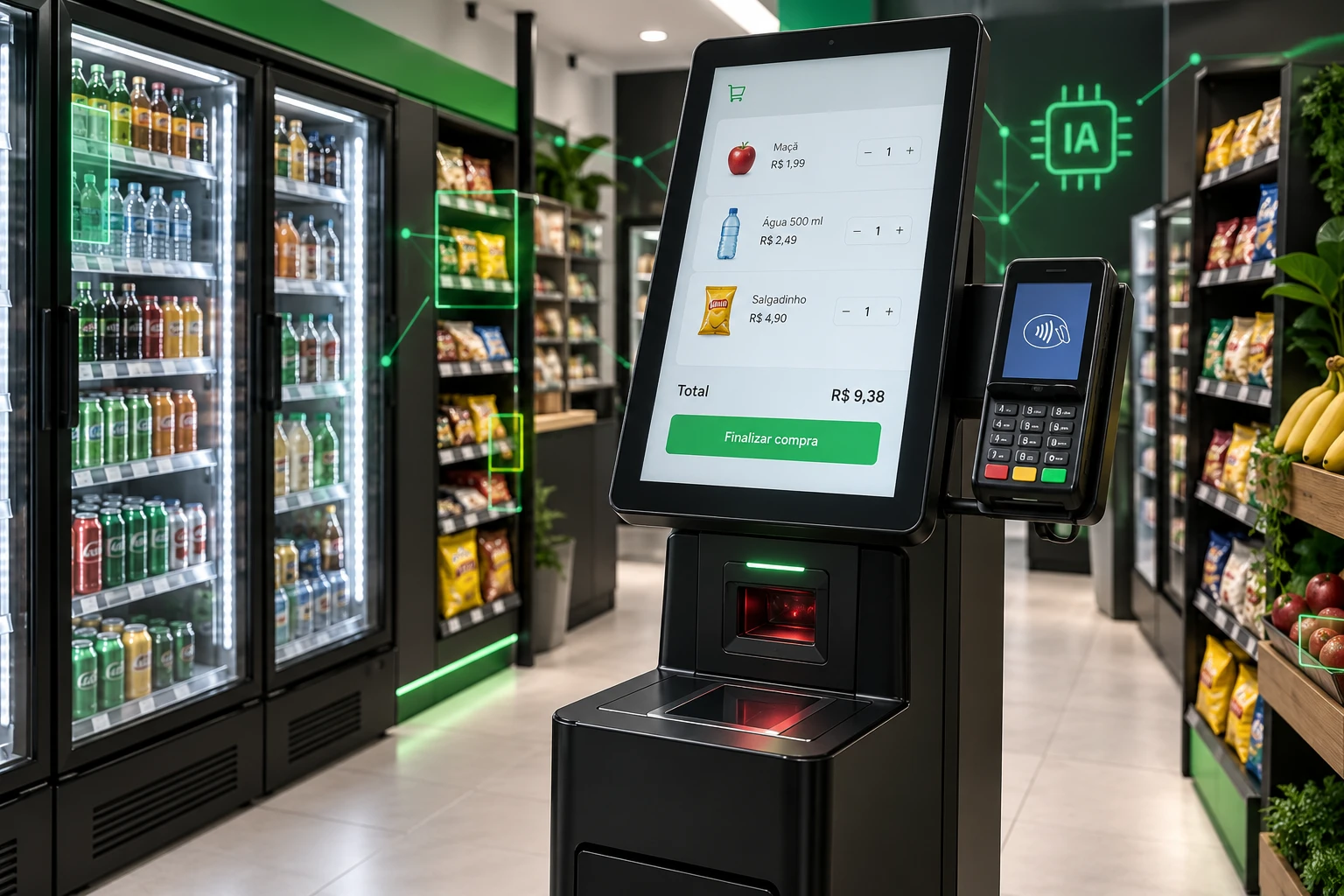 Ilustração de mercado com inteligência artificial e totem de autoatendimento com leitor de produtos e máquina de cartão